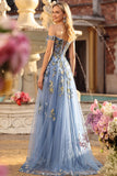 Corsetto con blu grigio spalle scoperte con applique una linea lunga con paillettes abito da ballo lungo