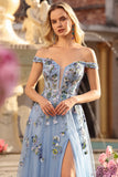 Corsetto con blu grigio spalle scoperte con applique una linea lunga con paillettes abito da ballo lungo