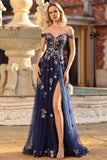 Corsetto con blu grigio spalle scoperte con applique una linea lunga con paillettes abito da ballo lungo