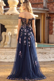 Corsetto con blu grigio spalle scoperte con applique una linea lunga con paillettes abito da ballo lungo