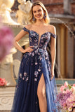 Corsetto con blu grigio spalle scoperte con applique una linea lunga con paillettes abito da ballo lungo