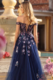 Corsetto con blu grigio spalle scoperte con applique una linea lunga con paillettes abito da ballo lungo