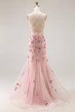 Blush sirena paillettes corsetto trasparente con perline lungo abito da ballo con pizzo sulla schiena