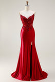 Sirena rossa senza spalline Appliqued Corsetto in rilievo lungo Prom Dress con fessura