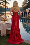 Sirena rossa senza spalline Appliqued Corsetto in rilievo lungo Prom Dress con fessura