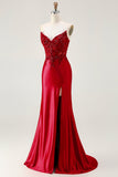 Sirena rossa senza spalline Appliqued Corsetto in rilievo lungo Prom Dress con fessura