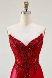 Sirena rossa senza spalline Appliqued Corsetto in rilievo lungo Prom Dress con fessura