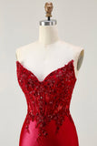 Sirena rossa senza spalline Appliqued Corsetto in rilievo lungo Prom Dress con fessura