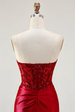 Sirena rossa senza spalline Appliqued Corsetto in rilievo lungo Prom Dress con fessura
