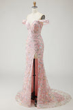 Abito da ballo a sirena con paillettes e lunga rosa con ricamo