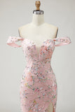 Abito da ballo a sirena con paillettes e lunga rosa con ricamo