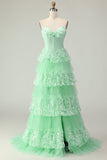 Corsetto verde A Line Sweetheart Abito da ballo lungo a livelli con volant e paillettes