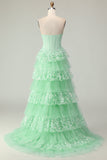 Corsetto verde A Line Sweetheart Abito da ballo lungo a livelli con volant e paillettes