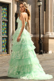 Corsetto verde A Line Sweetheart Abito da ballo lungo a livelli con volant e paillettes