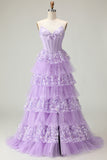 Sweetheart A Line Viola Corsetto Tiered Ruffle Abito da ballo lungo con paillettes