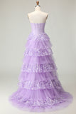 Sweetheart A Line Viola Corsetto Tiered Ruffle Abito da ballo lungo con paillettes