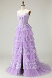 Sweetheart A Line Viola Corsetto Tiered Ruffle Abito da ballo lungo con paillettes