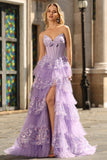 Purple Sweetheart A Corsetto a linea abito da ballo lungo con volant e paillettes con paillettes