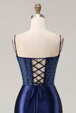 Corsetto di perline con perline blu navy e abito da Cerimonia lungo ricamato con fessura