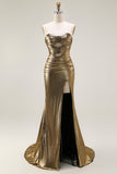 Metallic Dark Golden Mermaid senza spalline Cut Out Abito da ballo lungo con fessura