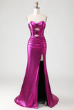 Vestito da ballo lungo da ballo con fiori 3D color Fucsia fucsia metallico senza spalline
