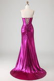 Vestito da ballo lungo da ballo con fiori 3D color Fucsia fucsia metallico senza spalline