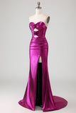 Vestito da ballo lungo da ballo con fiori 3D color Fucsia fucsia metallico senza spalline