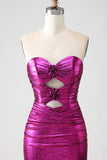 Vestito da ballo lungo da ballo con fiori 3D color Fucsia fucsia metallico senza spalline