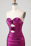 Vestito da ballo lungo da ballo con fiori 3D color Fucsia fucsia metallico senza spalline
