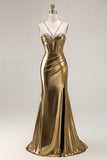 Metallic Golden Beaded Corsetto Mermaid Abito lungo da ballo con fessura