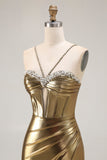 Metallic Golden Beaded Corsetto Mermaid Abito lungo da ballo con fessura