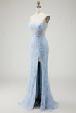 Abito da ballo lungo da ballo con perline e corsetto con applikati di sirena blu