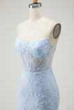 Abito da ballo lungo da ballo con perline e corsetto con applikati di sirena blu