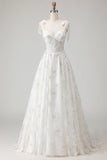 Corsetto in tulle ricamato bianco A-Line Spaghetti Abito da sposa lungo con nodo a fiocco