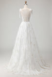 Corsetto in tulle ricamato bianco A-Line Spaghetti Abito da sposa lungo con nodo a fiocco