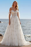 Corsetto in tulle ricamato bianco A-Line Spaghetti Abito da sposa lungo con nodo a fiocco