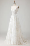 Corsetto in tulle ricamato bianco A-Line Spaghetti Abito da sposa lungo con nodo a fiocco