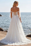 Corsetto in tulle ricamato bianco A-Line Spaghetti Abito da sposa lungo con nodo a fiocco