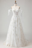 Corsetto in tulle ricamato bianco A-Line Spaghetti Abito da sposa lungo con nodo a fiocco