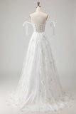 Corsetto in tulle ricamato bianco A-Line Spaghetti Abito da sposa lungo con nodo a fiocco