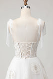 Corsetto in tulle ricamato bianco A-Line Spaghetti Abito da sposa lungo con nodo a fiocco