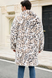 Cappotto da uomo invernale in pelliccia sintetica con risvolto dentato leopardato bianco