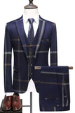 Blu scuro con risvolto dentellato Plaid 3 pezzi Abiti da uomo