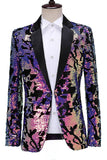 Scintillante Blazer da ballo con risvolto dentato blu viola da uomo con paillettes