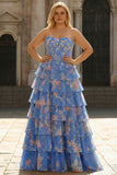Abito da cerimonia lungo blu scuro in chiffon floreale taglie forti modello A-line senza spalline con corsetto e volant