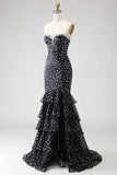 Corsetto sirena senza spalline a puntini neri Abito da ballo lungo con balze a livelli e paillette