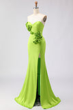 Vestito Maxi 3D senza spalline verde con fessura abito da cerimonia