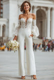 Tute donna da sposa a maniche lunghe bianche applicate con tasche