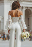 Tute donna da sposa a maniche lunghe bianche applicate con tasche