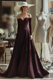 Cabernet A Line Satin Off the Spalla Maniche Lunghe Abito Da Sposa Madre Della Sposa
